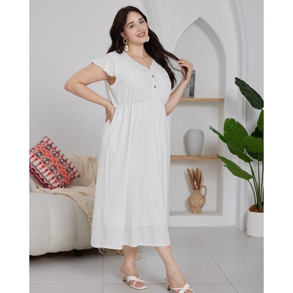Plus Size White Summer Dress Lace Ruffle Sleeve Button Front Comfortable Casual - Picture 5 of 9